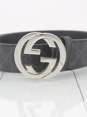 Gucci Black GG Monogram Leather Belt with Silver Interlocking G Buckle
